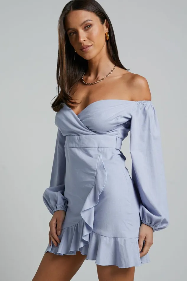 Can039t Move On Mini Dress 8211 Linen Look Off Shoulder Dress In Powder Blue Linen Look Women Showpo Dresses