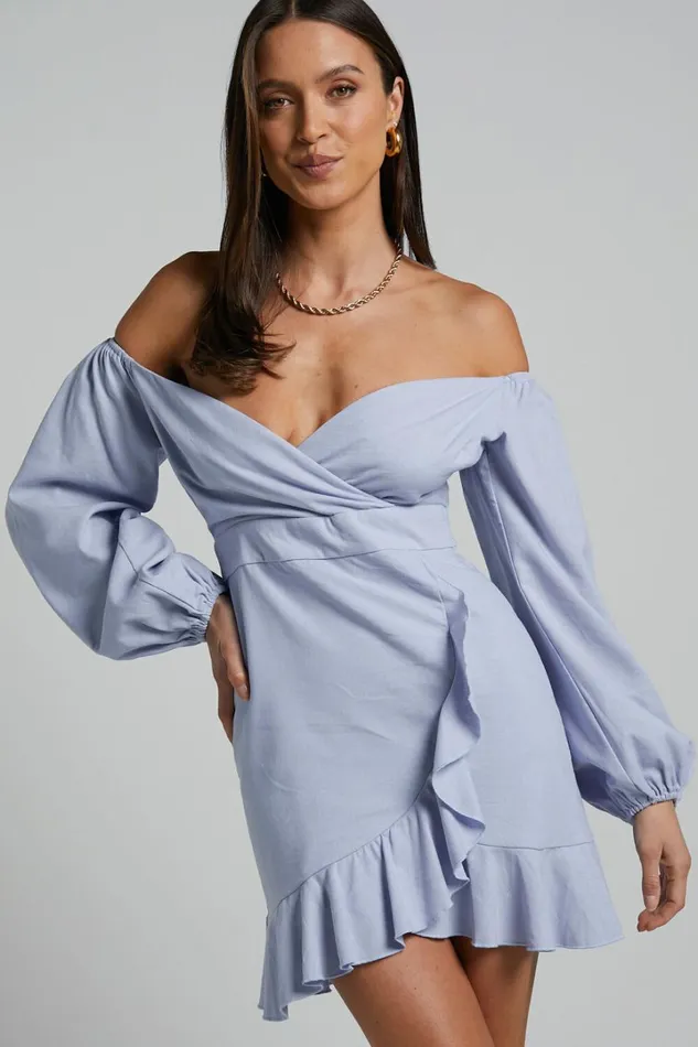 Can039t Move On Mini Dress 8211 Linen Look Off Shoulder Dress In Powder Blue Linen Look Women Showpo Dresses
