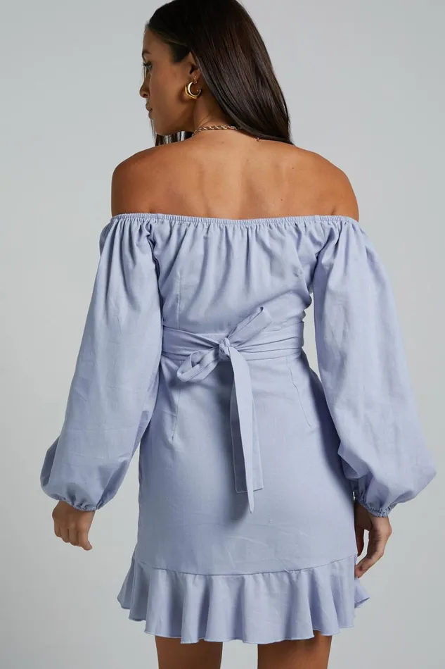 Can039t Move On Mini Dress 8211 Linen Look Off Shoulder Dress In Powder Blue Linen Look Women Showpo Dresses