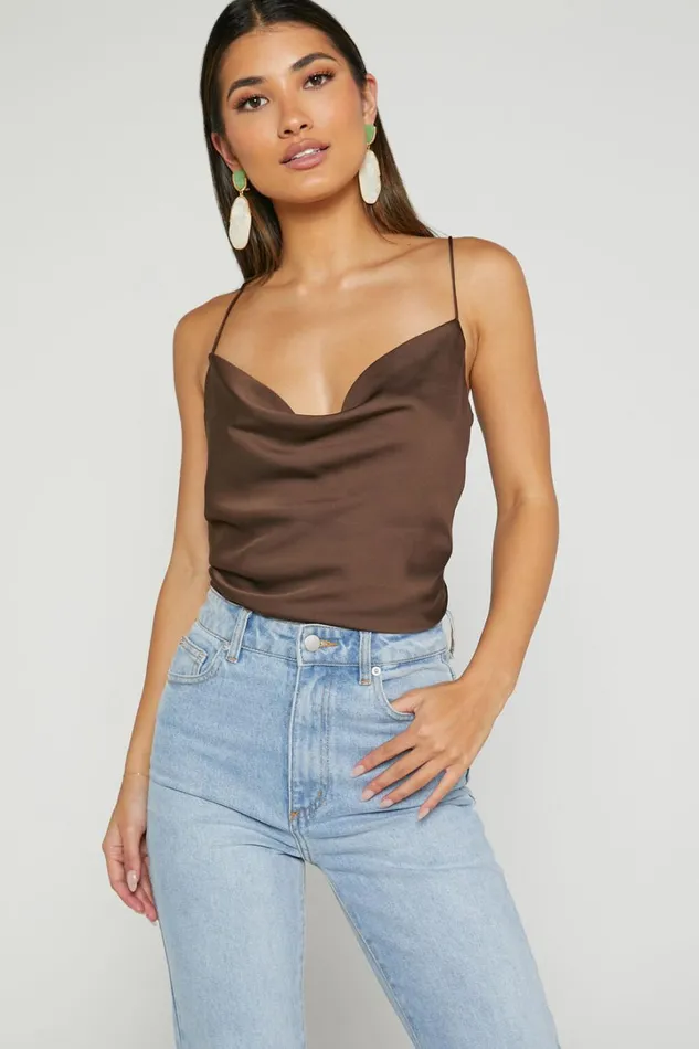 Cardi Top 8211 Cowl Neck Thin Strap Satin Cami Top In Chocolate Women Showpo Tops