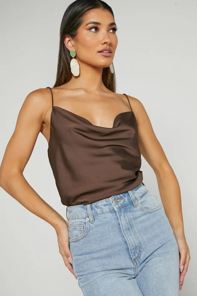 Cardi Top 8211 Cowl Neck Thin Strap Satin Cami Top In Chocolate Women Showpo Tops