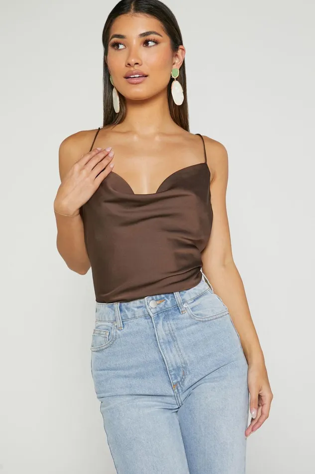 Cardi Top 8211 Cowl Neck Thin Strap Satin Cami Top In Chocolate Women Showpo Tops