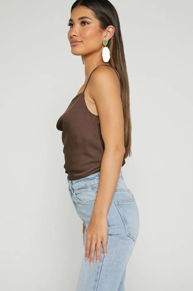 Cardi Top 8211 Cowl Neck Thin Strap Satin Cami Top In Chocolate Women Showpo Tops