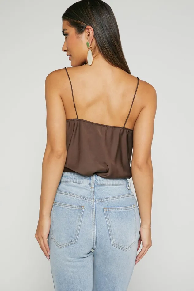 Cardi Top 8211 Cowl Neck Thin Strap Satin Cami Top In Chocolate Women Showpo Tops