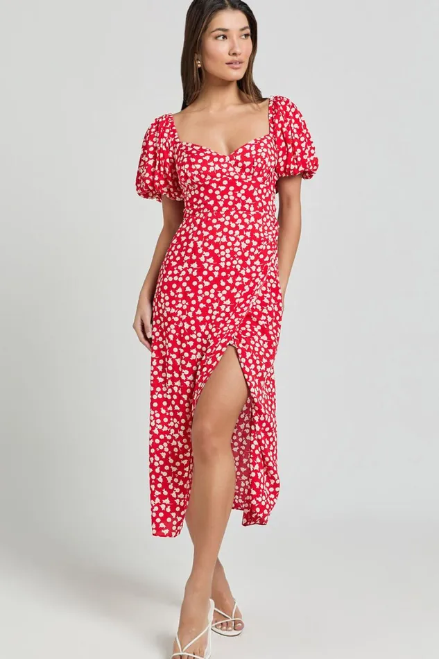 Carlyn Midi Dress 8211 Sweetheart Puff Sleeve Wrap Dress In Red Floral Women Showpo Dresses Carlyn Midi Dress 8211 Sweetheart Puff Sleeve Wrap Dress In Red Floral Women Showpo Dresses