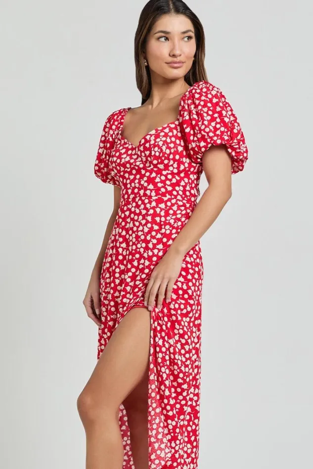 Carlyn Midi Dress 8211 Sweetheart Puff Sleeve Wrap Dress In Red Floral Women Showpo Dresses