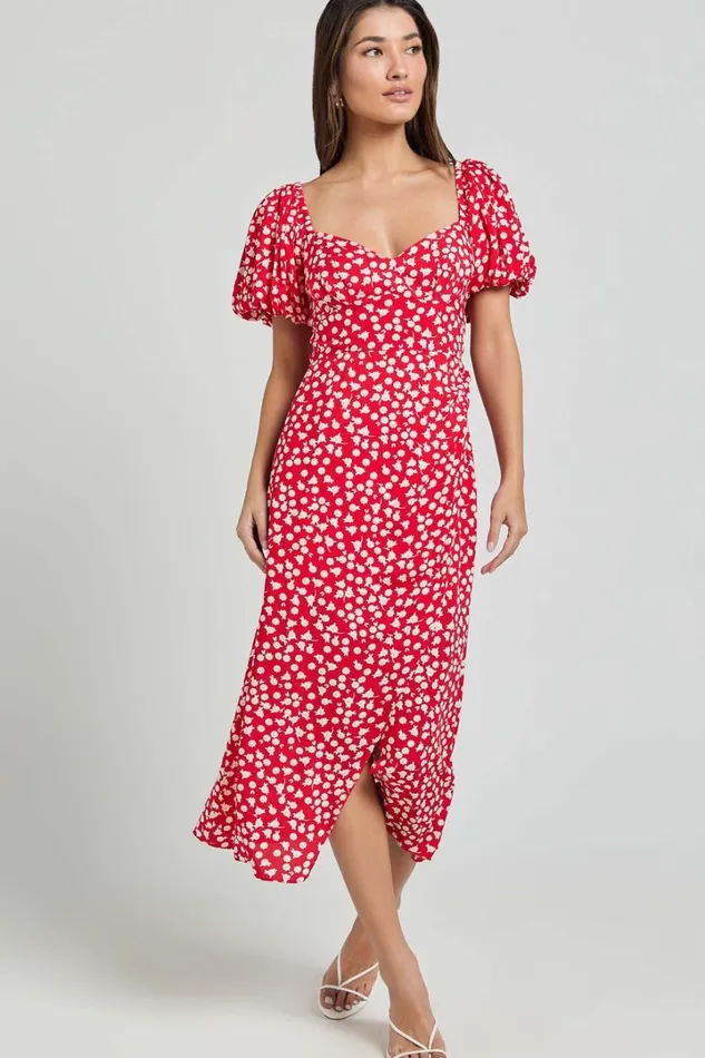 Carlyn Midi Dress 8211 Sweetheart Puff Sleeve Wrap Dress In Red Floral Women Showpo Dresses