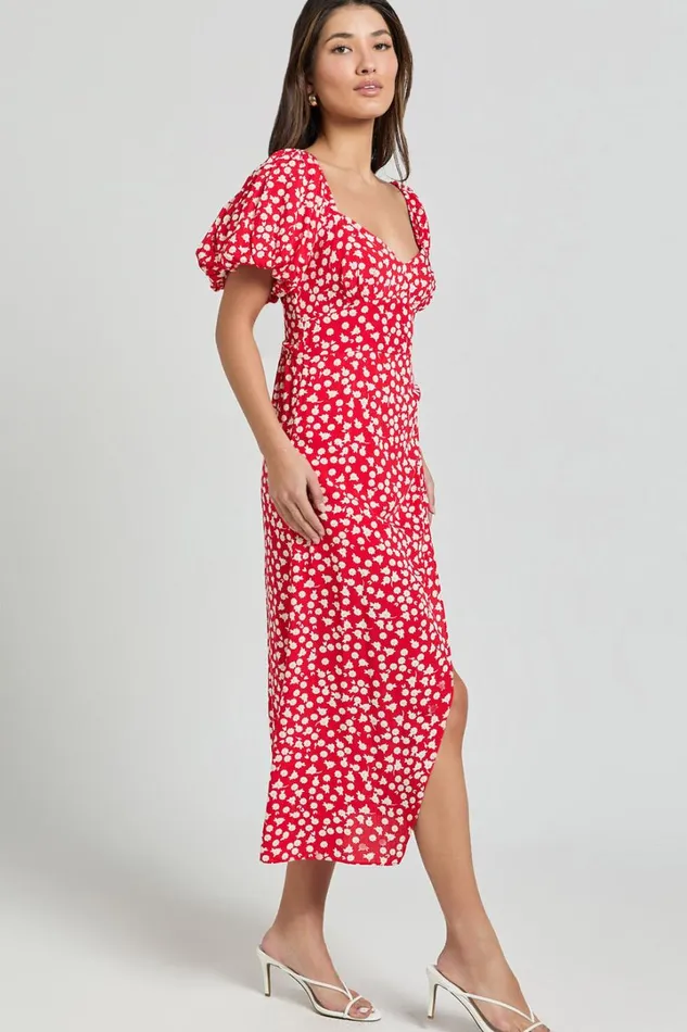 Carlyn Midi Dress 8211 Sweetheart Puff Sleeve Wrap Dress In Red Floral Women Showpo Dresses