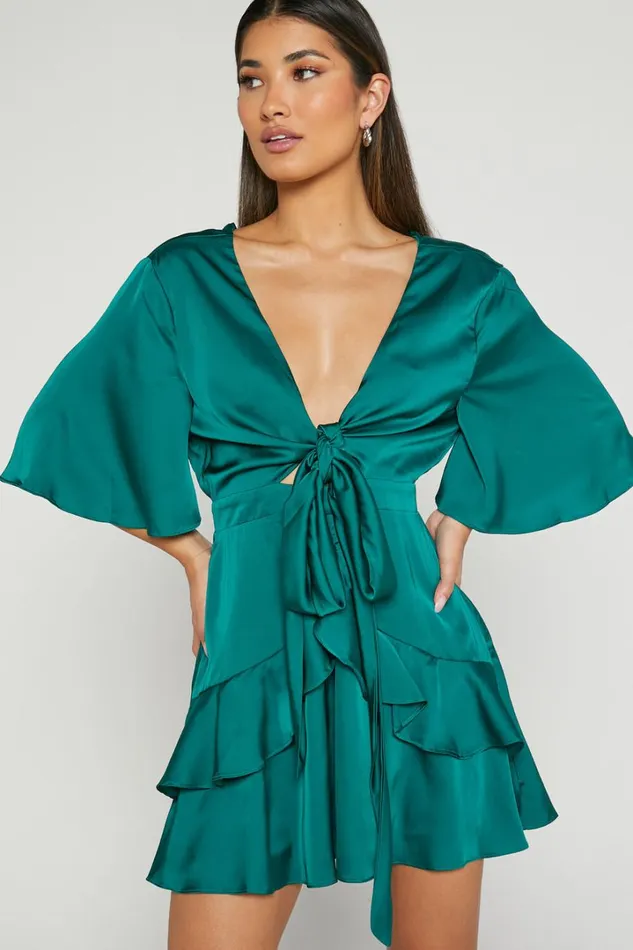 Carmella Mini Dress 8211 Plunge Neck Short Flutter Sleeve Dress In Emerald Women Showpo Dresses Carmella Mini Dress 8211 Plunge Neck Short Flutter Sleeve Dress In Emerald Women Showpo Dresses