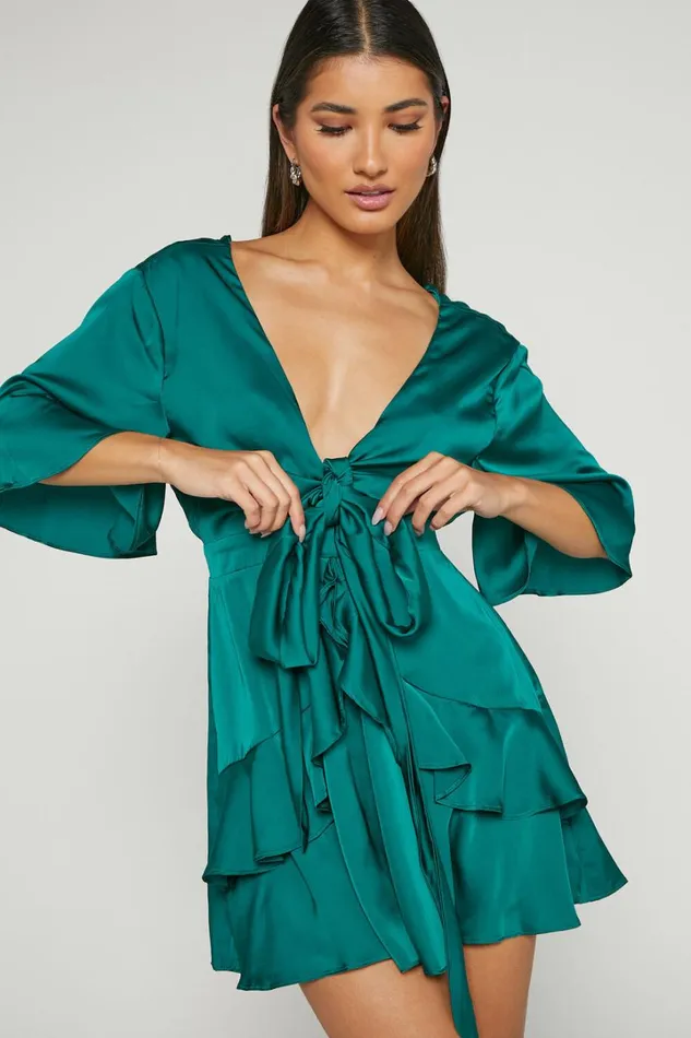 Carmella Mini Dress 8211 Plunge Neck Short Flutter Sleeve Dress In Emerald Women Showpo Dresses