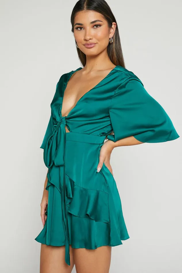 Carmella Mini Dress 8211 Plunge Neck Short Flutter Sleeve Dress In Emerald Women Showpo Dresses