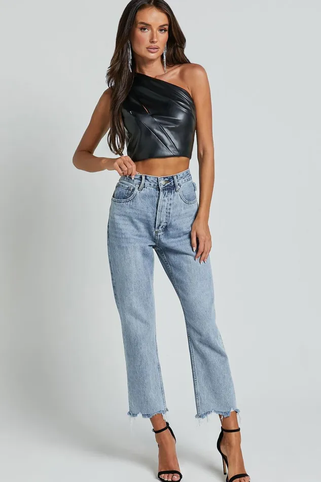 Catalina Top 8211 Faux Leather One Shoulder Cut Out Crop Top In Black Women Showpo Tops