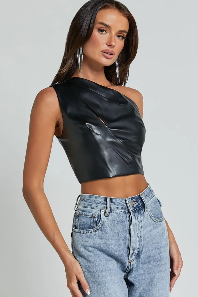 Catalina Top 8211 Faux Leather One Shoulder Cut Out Crop Top In Black Women Showpo Tops