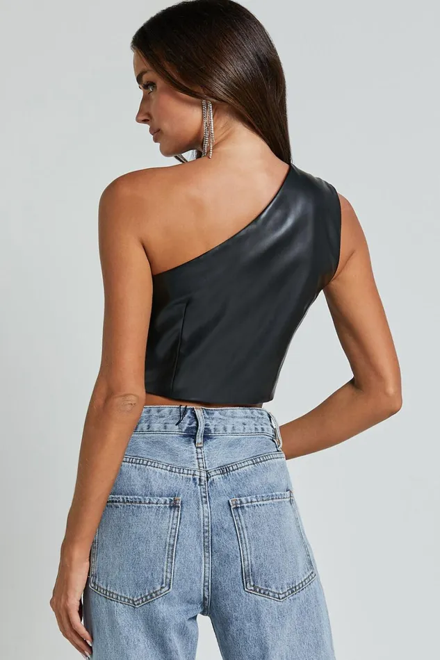 Catalina Top 8211 Faux Leather One Shoulder Cut Out Crop Top In Black Women Showpo Tops
