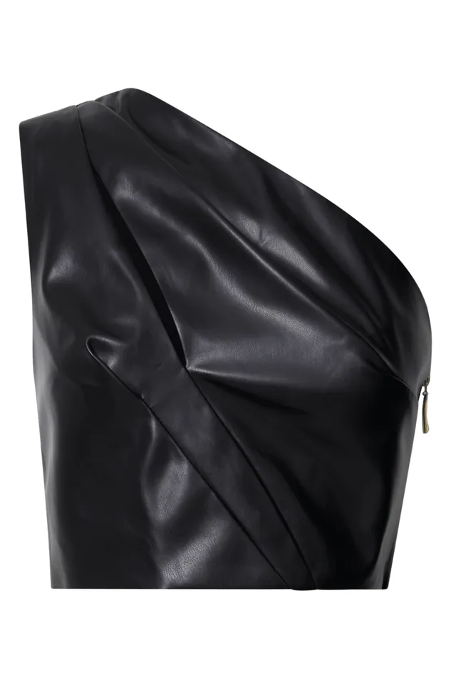 Catalina Top 8211 Faux Leather One Shoulder Cut Out Crop Top In Black Women Showpo Tops