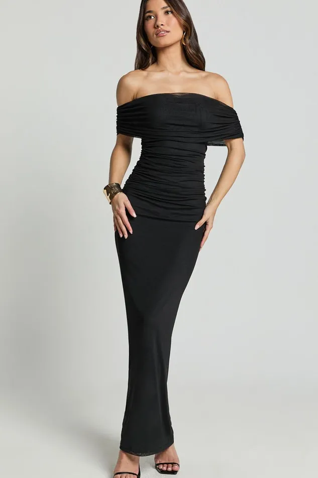 Caterina Maxi 8211 Ruched Off Shoulder Mesh Dress In Black Women Showpo Curve Clothes