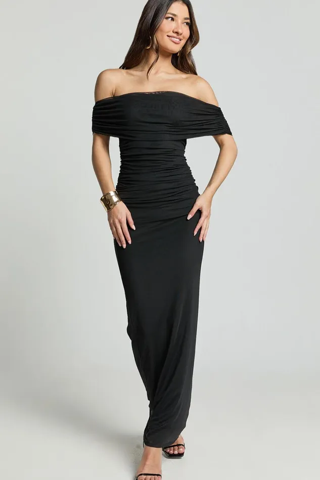 Caterina Maxi 8211 Ruched Off Shoulder Mesh Dress In Black Women Showpo Curve Clothes