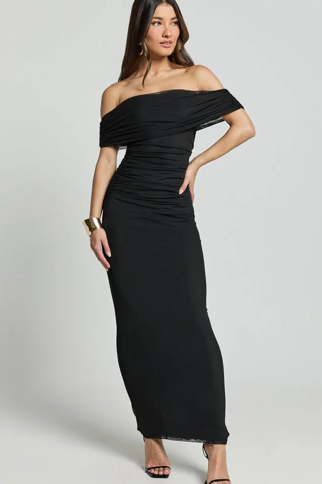 Caterina Maxi 8211 Ruched Off Shoulder Mesh Dress In Black Women Showpo Curve Clothes