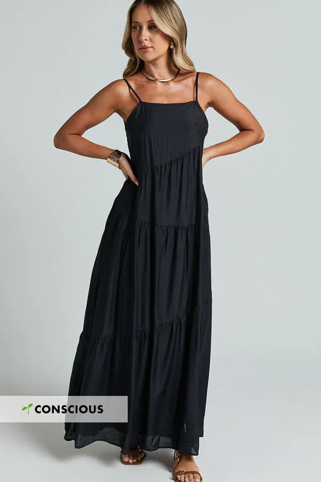 Cecila Midi Dress 8211 Straight Neckline Sleeveless Dress In Black Women Showpo Conscious