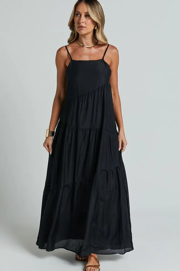 Cecila Midi Dress 8211 Straight Neckline Sleeveless Dress In Black Women Showpo Conscious