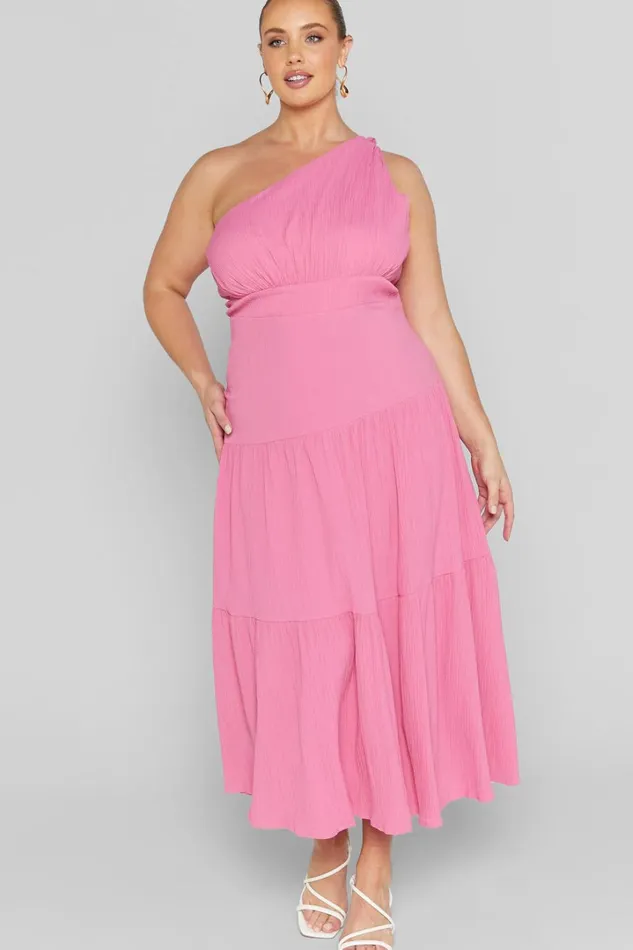 Celestia Midi Dress 8211 Tiered One Shoulder Dress In Bright Pink Women Showpo Curve Clothes