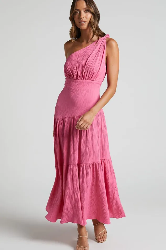 Celestia Midi Dress 8211 Tiered One Shoulder Dress In Bright Pink Women Showpo Curve Clothes