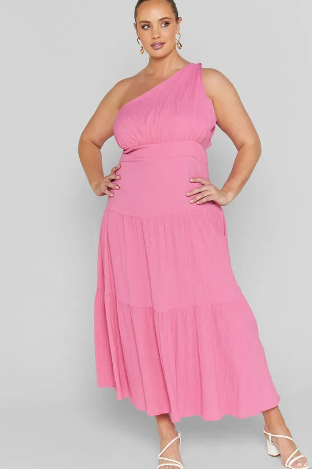 Celestia Midi Dress 8211 Tiered One Shoulder Dress In Bright Pink Women Showpo Curve Clothes