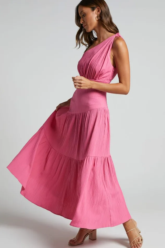 Celestia Midi Dress 8211 Tiered One Shoulder Dress In Bright Pink Women Showpo Curve Clothes