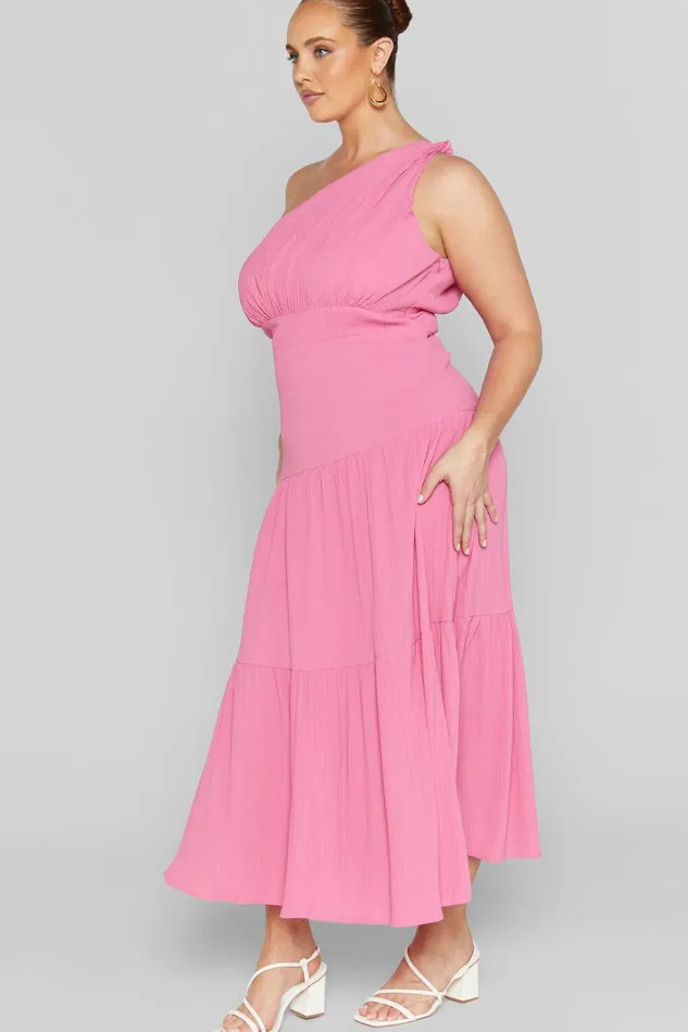 Celestia Midi Dress 8211 Tiered One Shoulder Dress In Bright Pink Women Showpo Curve Clothes