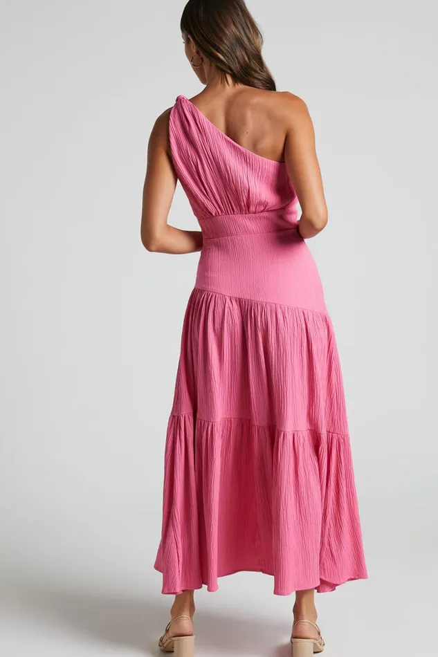 Celestia Midi Dress 8211 Tiered One Shoulder Dress In Bright Pink Women Showpo Curve Clothes