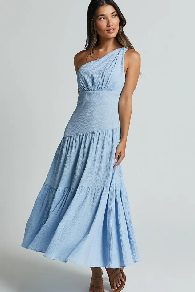 Celestia Midi Dress 8211 Tiered One Shoulder Dress In Soft Blue Women Showpo Dresses