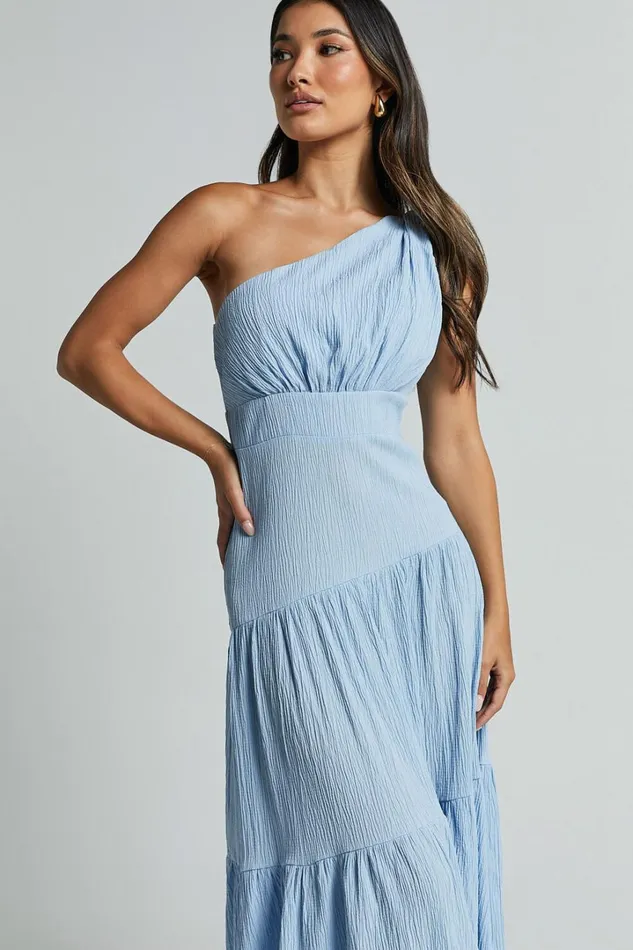 Celestia Midi Dress 8211 Tiered One Shoulder Dress In Soft Blue Women Showpo Dresses