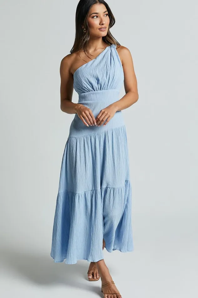 Celestia Midi Dress 8211 Tiered One Shoulder Dress In Soft Blue Women Showpo Dresses