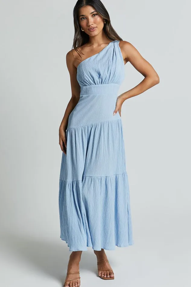 Celestia Midi Dress 8211 Tiered One Shoulder Dress In Soft Blue Women Showpo Dresses