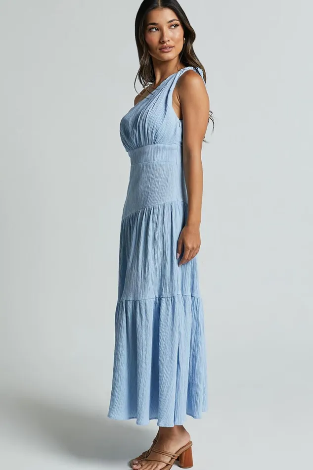 Celestia Midi Dress 8211 Tiered One Shoulder Dress In Soft Blue Women Showpo Dresses