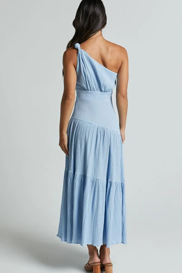 Celestia Midi Dress 8211 Tiered One Shoulder Dress In Soft Blue Women Showpo Dresses