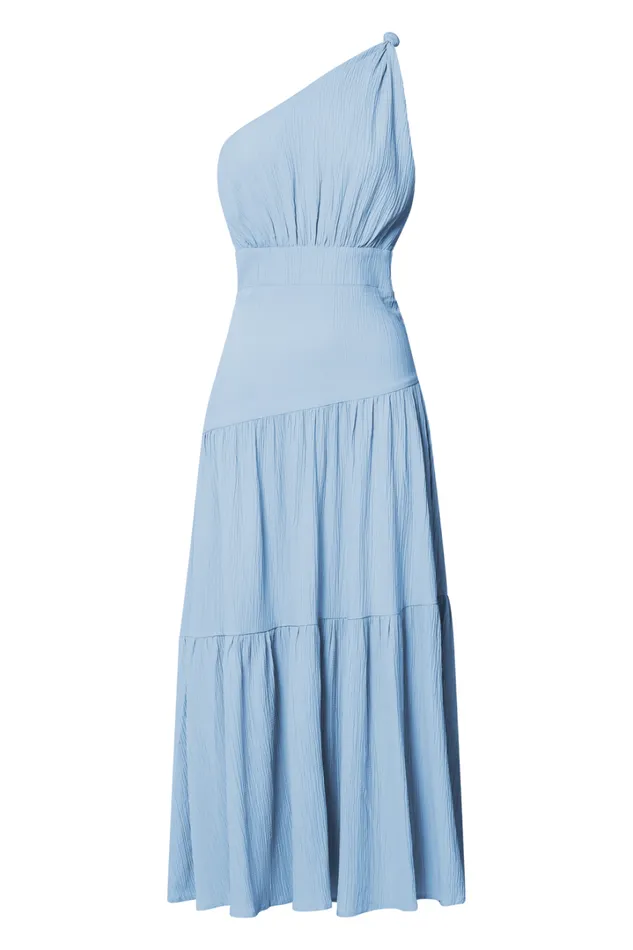 Celestia Midi Dress 8211 Tiered One Shoulder Dress In Soft Blue Women Showpo Dresses