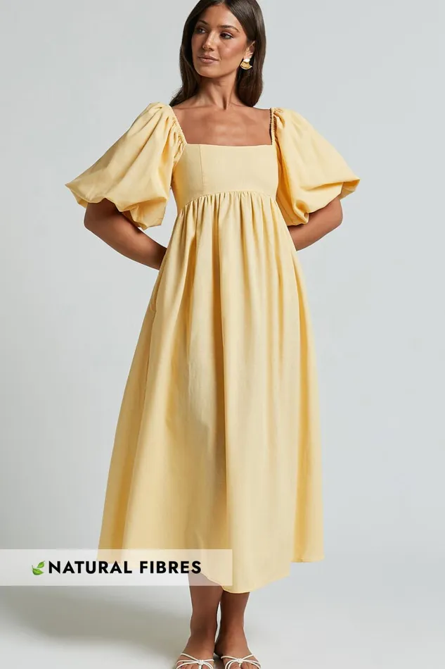 Cenia Midi Dress 8211 Linen Look Straight Neck Shirred Back Puff Sleeve Dress In Lemon Women Showpo Curve Clothes Cenia Midi Dress 8211 Linen Look Straight Neck Shirred Back Puff Sleeve Dress In Lemon Women Showpo Curve Clothes