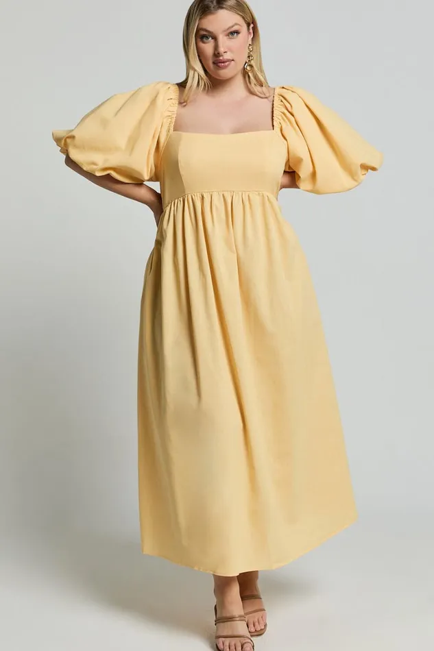 Cenia Midi Dress 8211 Linen Look Straight Neck Shirred Back Puff Sleeve Dress In Lemon Women Showpo Curve Clothes