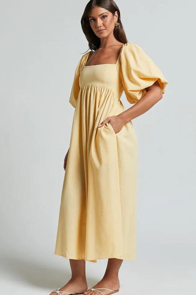 Cenia Midi Dress 8211 Linen Look Straight Neck Shirred Back Puff Sleeve Dress In Lemon Women Showpo Curve Clothes