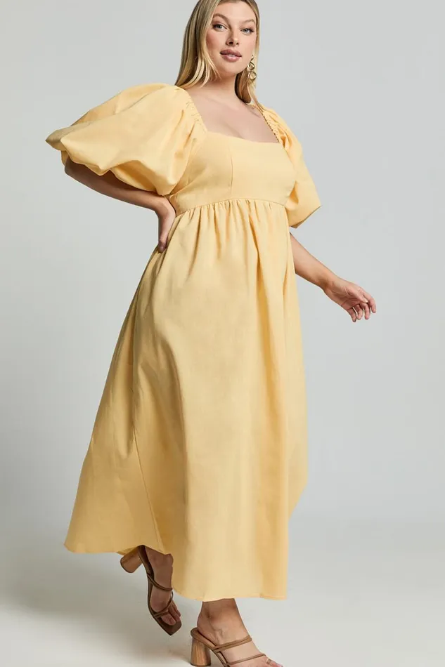 Cenia Midi Dress 8211 Linen Look Straight Neck Shirred Back Puff Sleeve Dress In Lemon Women Showpo Curve Clothes