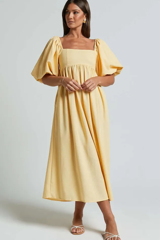 Cenia Midi Dress 8211 Linen Look Straight Neck Shirred Back Puff Sleeve Dress In Lemon Women Showpo Curve Clothes