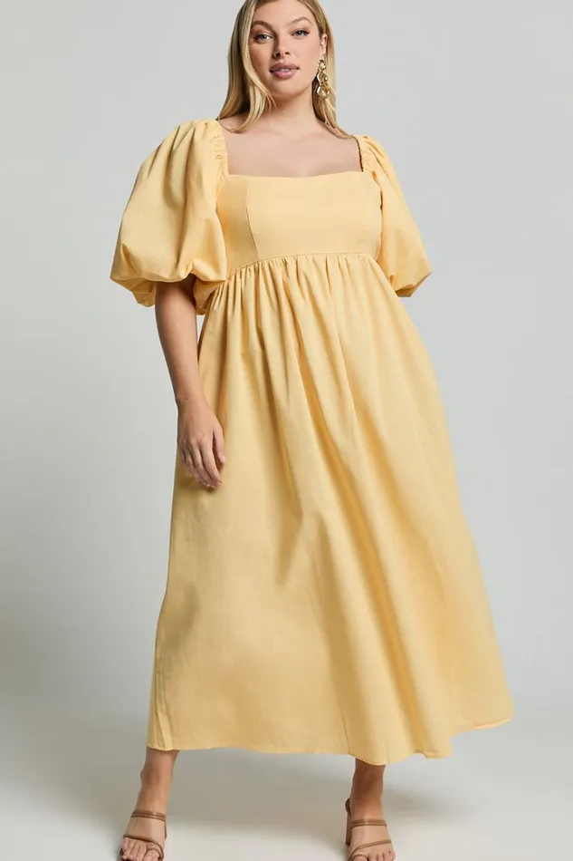 Cenia Midi Dress 8211 Linen Look Straight Neck Shirred Back Puff Sleeve Dress In Lemon Women Showpo Curve Clothes