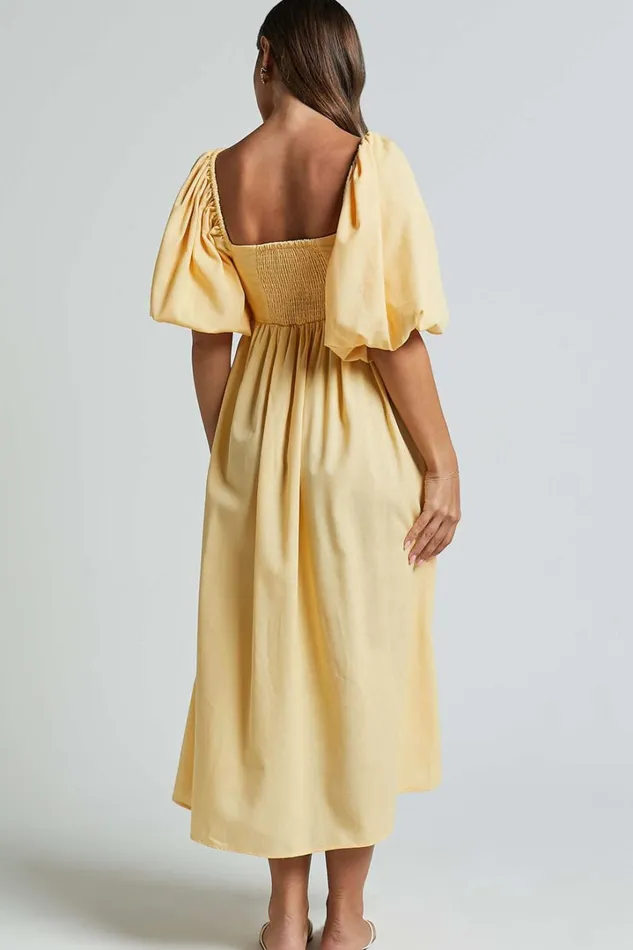 Cenia Midi Dress 8211 Linen Look Straight Neck Shirred Back Puff Sleeve Dress In Lemon Women Showpo Curve Clothes