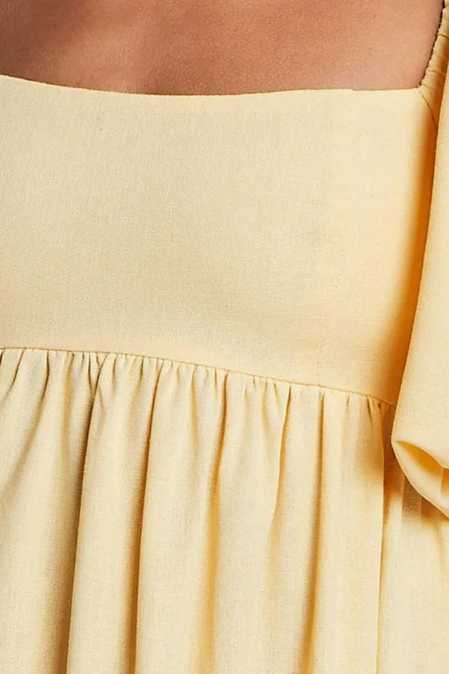 Cenia Midi Dress 8211 Linen Look Straight Neck Shirred Back Puff Sleeve Dress In Lemon Women Showpo Curve Clothes
