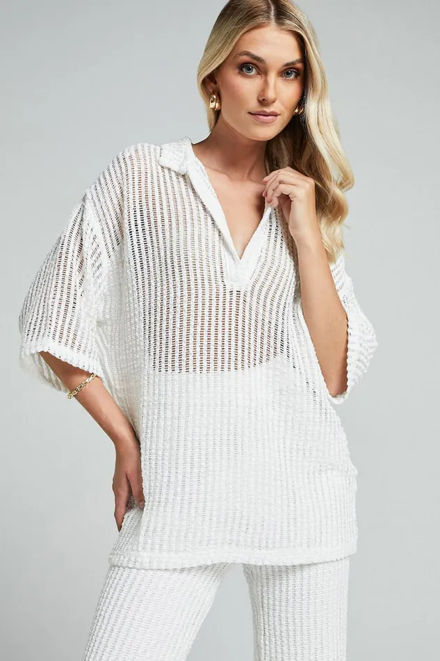Cessily Top 8211 V Neck Oversized Sheer Crochet Blouse In White Women Showpo Tops