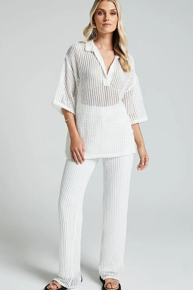 Cessily Top 8211 V Neck Oversized Sheer Crochet Blouse In White Women Showpo Tops