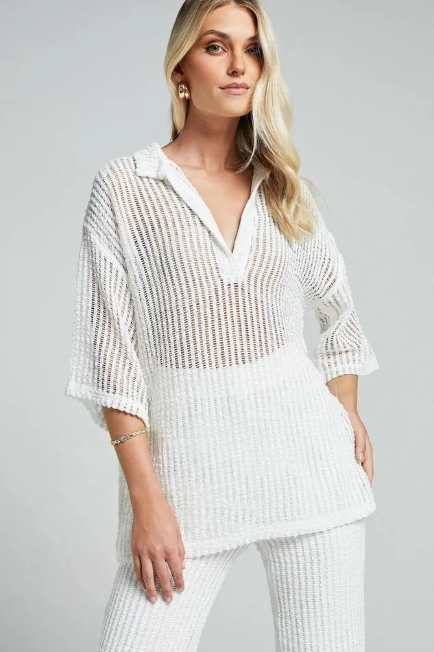 Cessily Top 8211 V Neck Oversized Sheer Crochet Blouse In White Women Showpo Tops