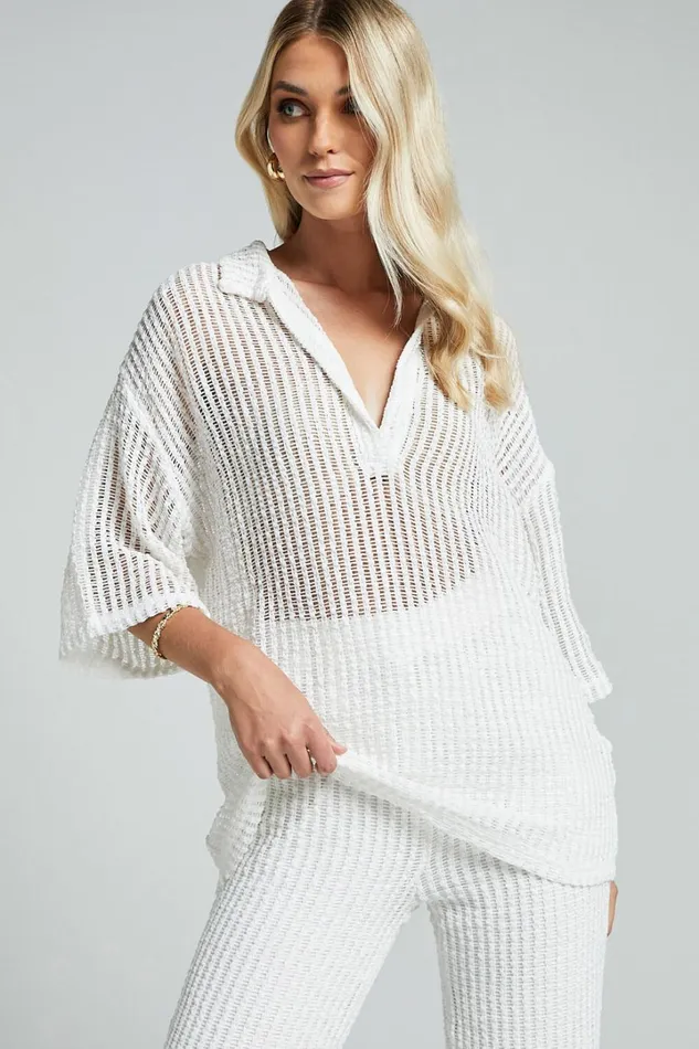 Cessily Top 8211 V Neck Oversized Sheer Crochet Blouse In White Women Showpo Tops