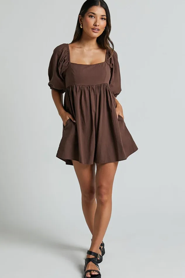 Chariti Playsuit 8211 Linen Look Puff Sleeve Relaxed Playsuit In Chocolate Women Showpo Rompers